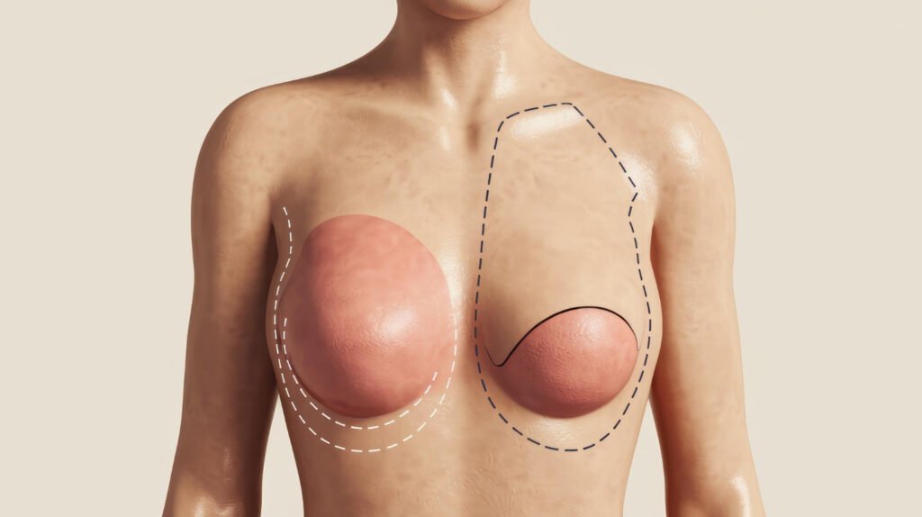 Uma renderização digital de um corpo de mulher com uma mastectomia explorando a interseção do corpo de arte
