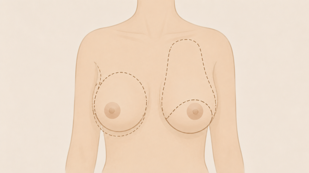 Ilustração médica em tons bege mostrando diferentes formatos de mama com linhas pontilhadas explicativas para planejamento cirúrgico.
