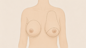 Ilustração médica em tons bege mostrando diferentes formatos de mama com linhas pontilhadas explicativas para planejamento cirúrgico.