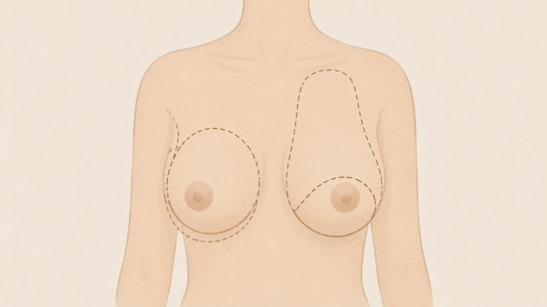 Ilustração médica em tons bege mostrando diferentes formatos de mama com linhas pontilhadas explicativas para planejamento cirúrgico.
