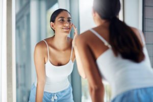 Mulher sorridente e confiante, representando a liberdade e a nova percepção de corpo após a realização da cirurgia de mama.