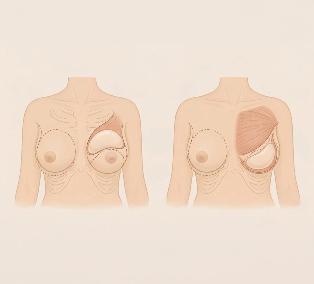 Ilustração médica médica sem texto mostrando as duas técnicas de implante de silicone: à esquerda, o posicionamento acima do músculo (subglandular) e, à direita, o posicionamento abaixo do músculo peitoral (submuscular).