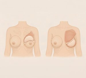 Ilustração médica médica sem texto mostrando as duas técnicas de implante de silicone: à esquerda, o posicionamento acima do músculo (subglandular) e, à direita, o posicionamento abaixo do músculo peitoral (submuscular).