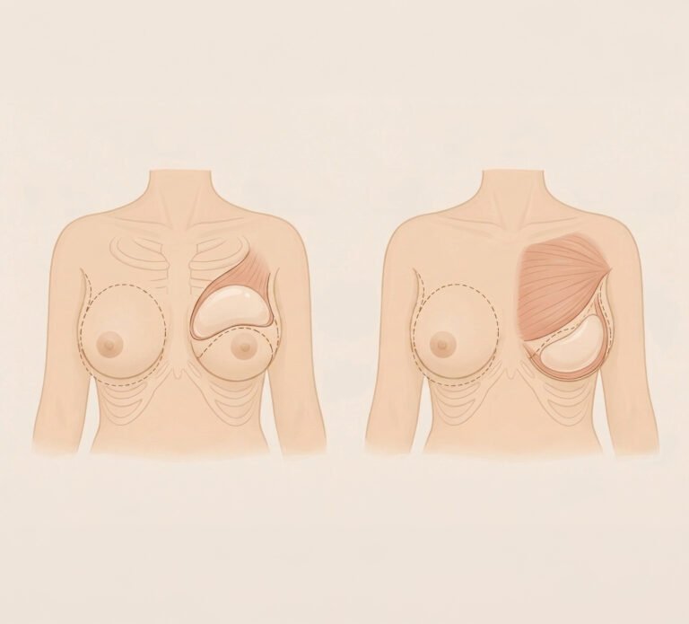 Ilustração médica médica sem texto mostrando as duas técnicas de implante de silicone: à esquerda, o posicionamento acima do músculo (subglandular) e, à direita, o posicionamento abaixo do músculo peitoral (submuscular).